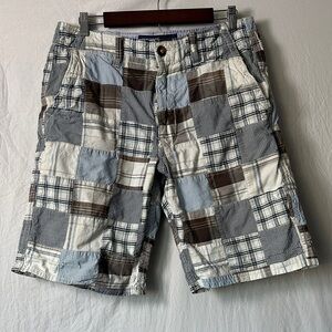 American Eagle Outfitters Patchwork Cargo Shorts - Brown, Blue, and White